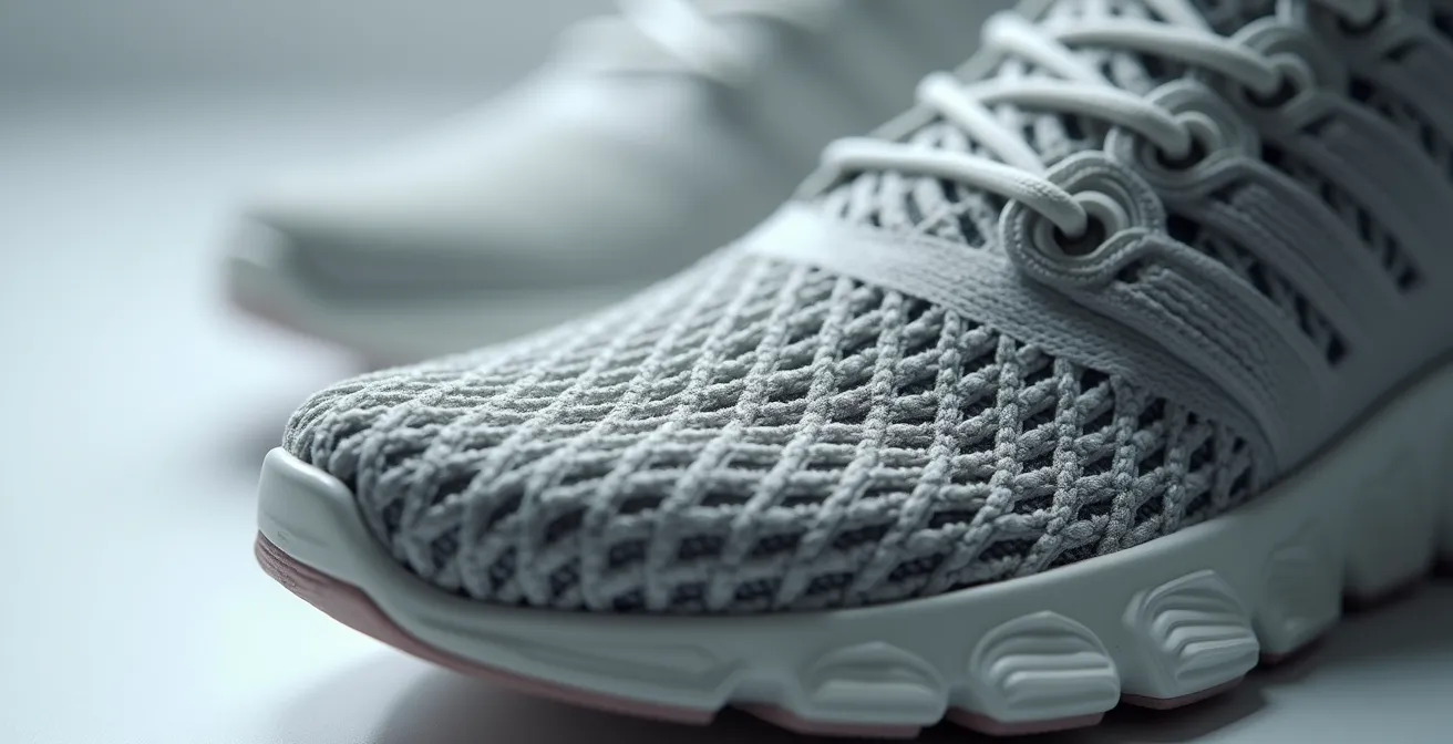 Ein detaillierter Macro-Shot einer 3D-gedruckten Schuhsohle mit strukturiertem Muster, beleuchtet zur Hervorhebung der Textur.