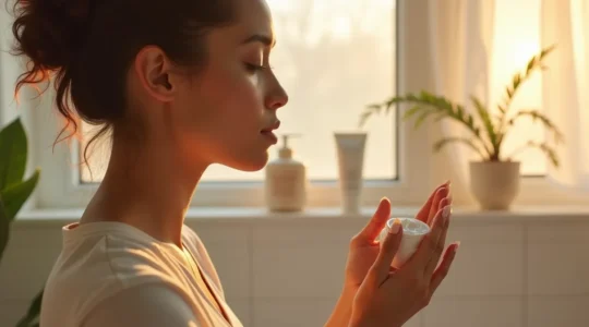 Eine Frau führt ein reflektiertes 5-Minuten-Schönheitsritual durch mit minimalistischen Hautpflegeprodukten in einer hellen, ruhigen Abendsituation