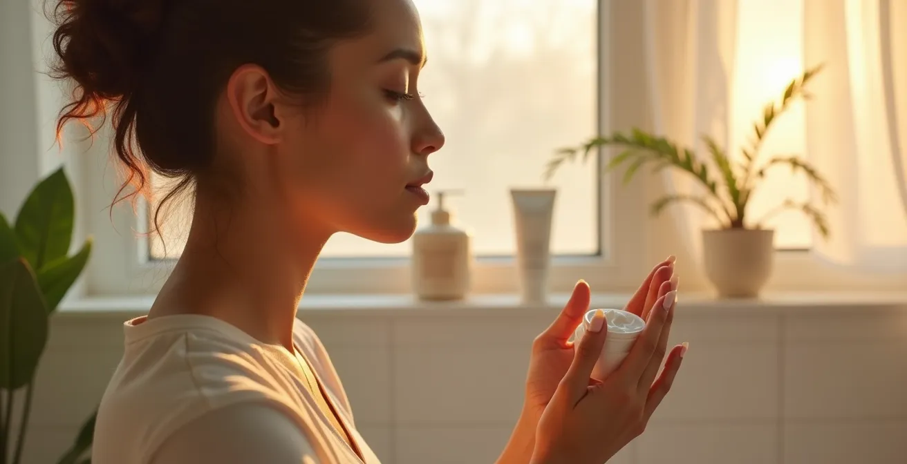 Eine Frau führt ein reflektiertes 5-Minuten-Schönheitsritual durch mit minimalistischen Hautpflegeprodukten in einer hellen, ruhigen Abendsituation
