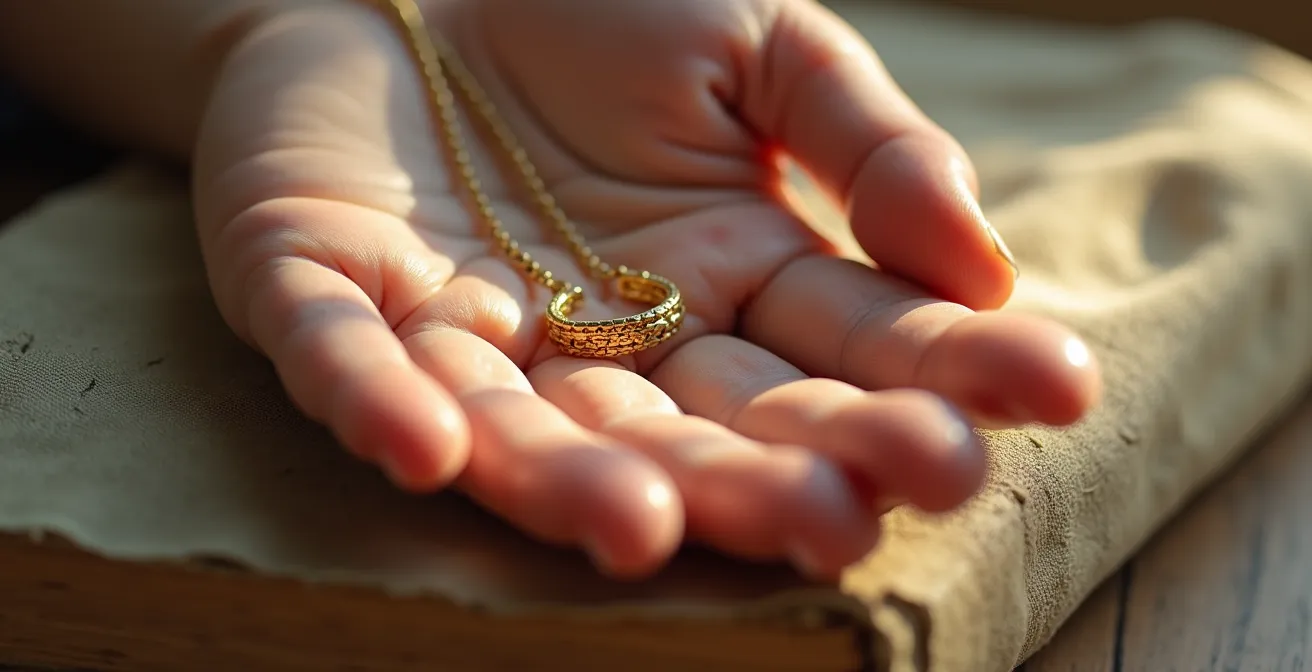 Persönliches Schmuckstück als täglicher Anker in warmer, natürlicher Beleuchtung auf minimalistischem Hintergrund