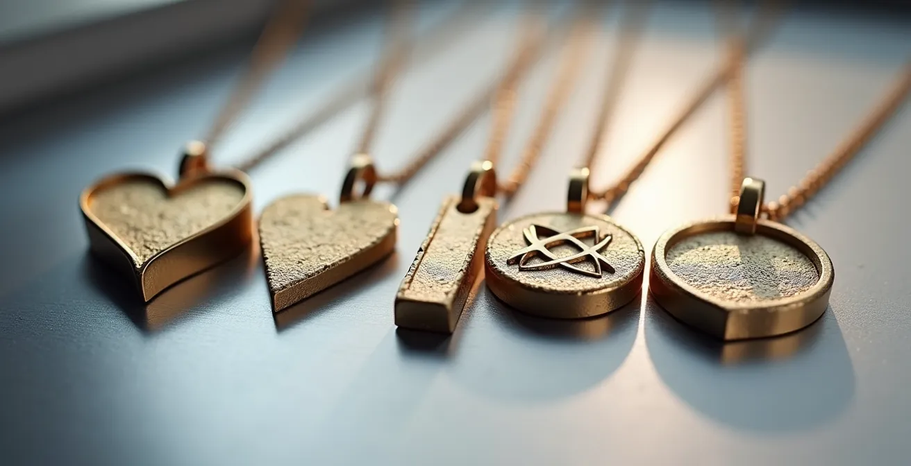 Verschiedene Anhänger-Formen (Herz, Rund, Eckig, Stern) auf einer minimalistischen Oberfläche angeordnet, die Vielfalt und persönlichen Stil widerspiegelt