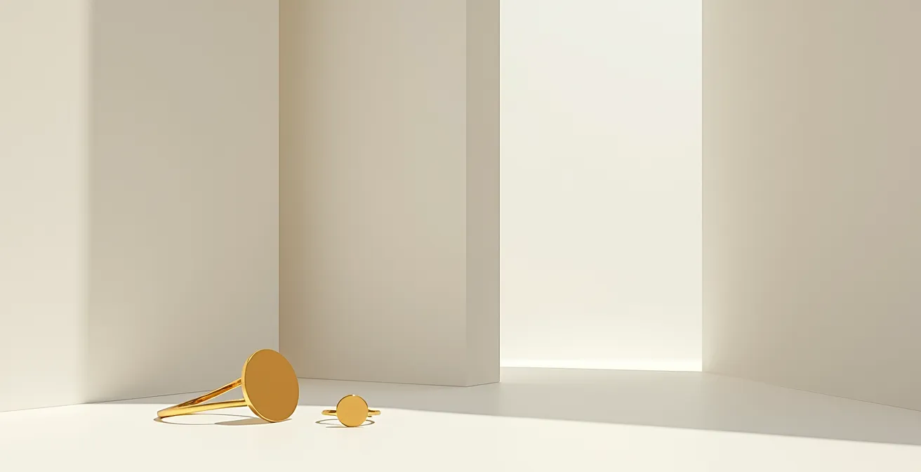 Vergleichende Bildkomposition: Minimalistische, klare Schmuckstücke nach Bauhaus-Prinzipien (geometrische Formen, reduzierte Linienführung) neben historischen architektonischen Elementen, symbolisierend Zeitlosigkeit und Funktionalität