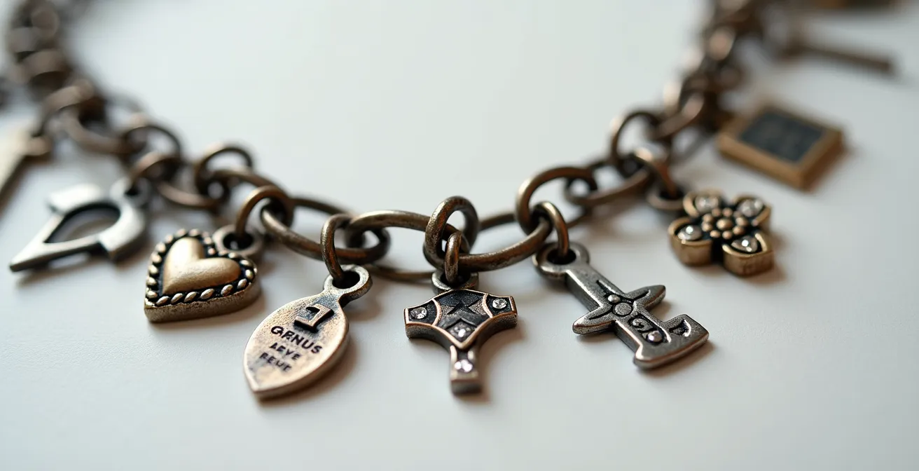 Ein silbernes Charm-Armband mit verschiedenen Anhängern (Herz, Stern, Schlüssel, Diamant, Blume) arrangiert wie eine visuelle Timeline, fotografiert gegen strukturiertem Hintergrund in Nahaufnahme