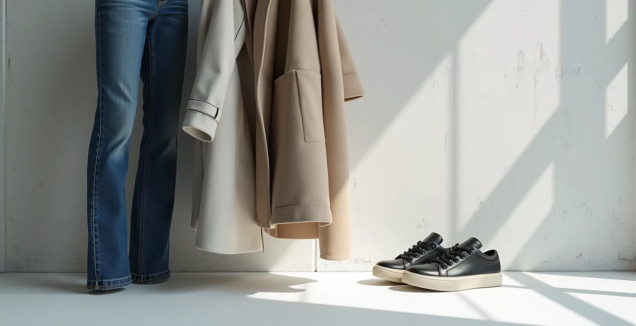 Minimalistische Komposition mit hochwertigem Denim, klassischem Blazer und einem subtilen Statement-Accessoire, das die deutsche Stilphilosophie darstellt