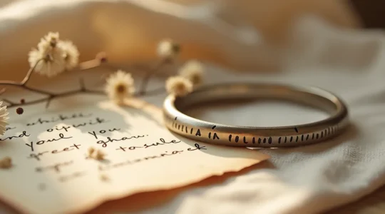 Ein eleganter, emotional geladener Moment: Eine personalisierte Halskette mit Gravur liegt auf warmem Weiß-cremefarbener Leinenoberfläche neben einem handschriftlichen Notizbrief und getrockneten Blüten, subtile Gold-Akzente im Licht, minimalistisches Setup das Liebe und Verbundenheit ausstrahlt