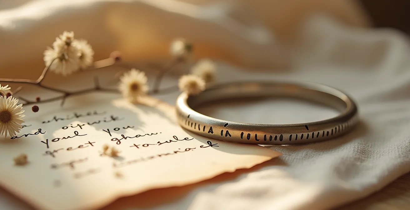 Ein eleganter, emotional geladener Moment: Eine personalisierte Halskette mit Gravur liegt auf warmem Weiß-cremefarbener Leinenoberfläche neben einem handschriftlichen Notizbrief und getrockneten Blüten, subtile Gold-Akzente im Licht, minimalistisches Setup das Liebe und Verbundenheit ausstrahlt