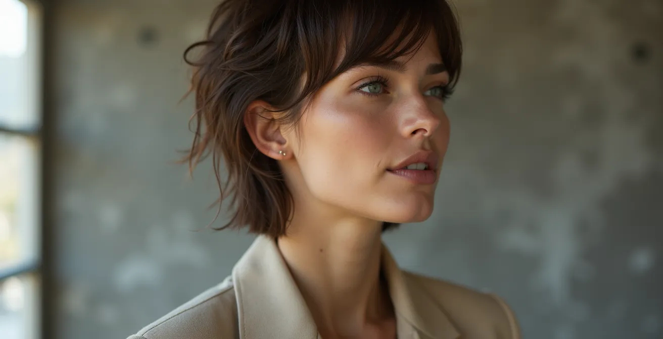 Ein zeitgenössisches Porträt einer Person in hochwertiger, minimalistischer Kleidung aus nachhaltigen Materialien mit natürlicher Beleuchtung und unscharfem Hintergrund.