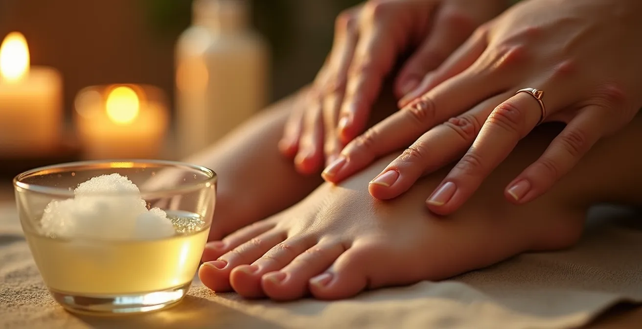 Ein Nachtpflegeritual mit Reinigungsöl und wasserbasiertem Reinigergel in warmen Lichtverhältnissen, zeigt sanfte Handbewegungen auf der Gesichtshaut