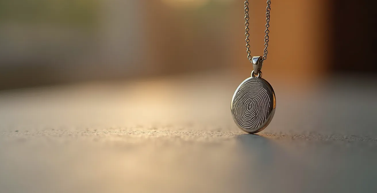 Nahaufnahme eines zarten Silberanhängers mit eingraviertem Fingerabdruck auf einer eleganten Kette, vor einem warmen, unscharfen Hintergrund