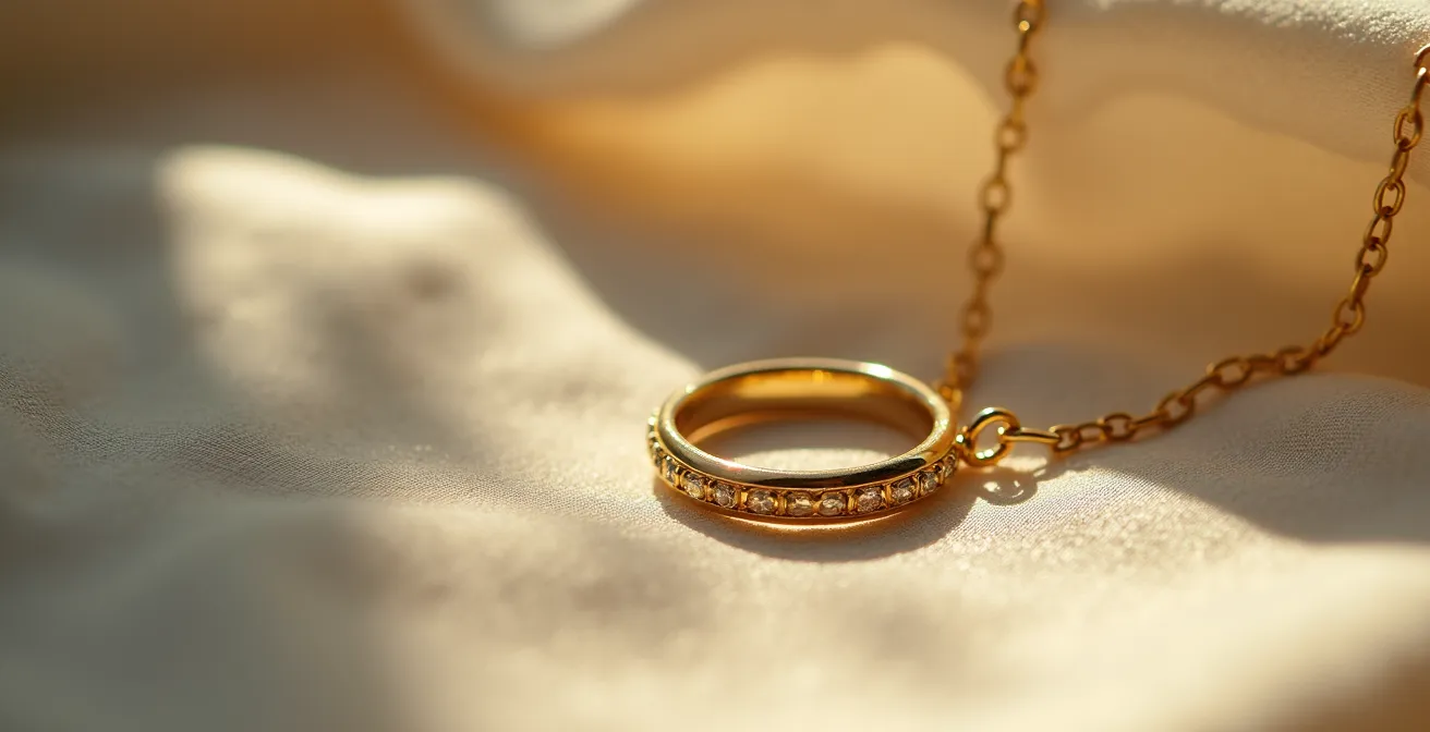 Nahaufnahme eines kunstvoll gearbeiteten Goldschmucks mit feiner Punzierung und glänzendem Oberflächen-Finish, symbolisierend Qualität und Handwerkskunst, die Generationen überdauert