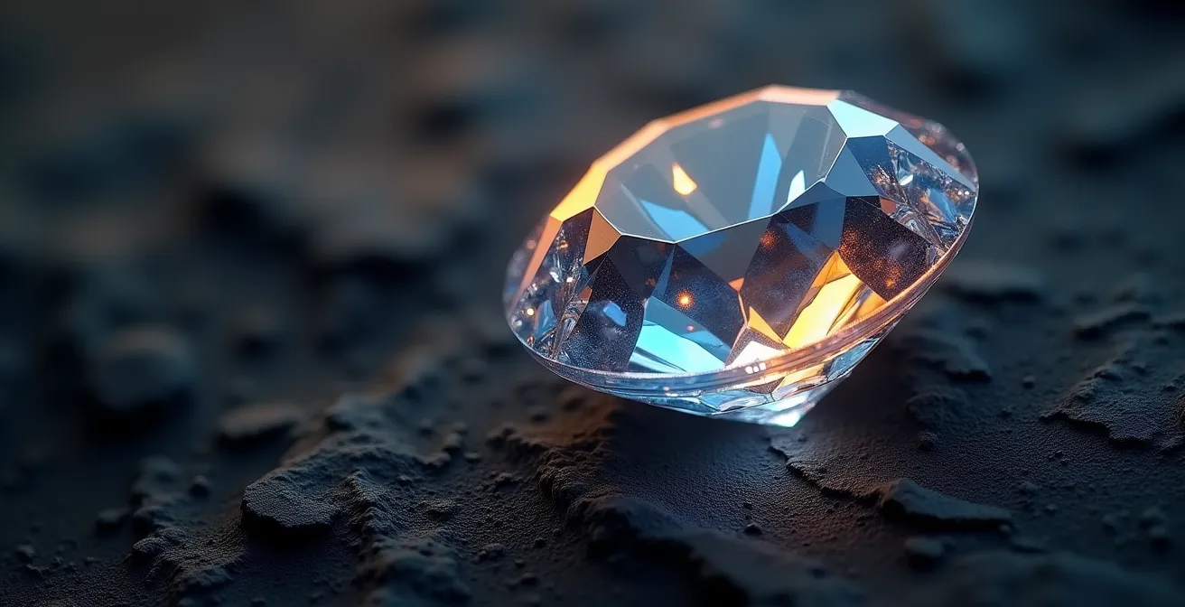 Ein funkelnder geschliffener Diamant fängt warmes Licht ein, positioniert gegen dunkel strukturiertes Material