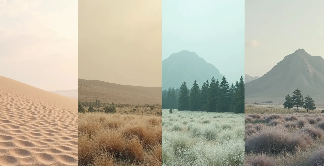 Vier regionale deutsche Farbpaletten inspiriert von Landschaften: Nordsee-Beige, Schwarzwald-Tannengrün, Lüneburger-Heide-Lila, Alpengrau