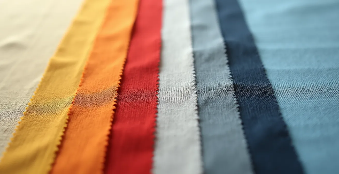 Farbmuster-Komposition mit warmen und kalten Farbpaaren (Gold/Silber, Warm-Rot/Kalt-Rot), subtil gegen eine neutrale Hautton-Referenz