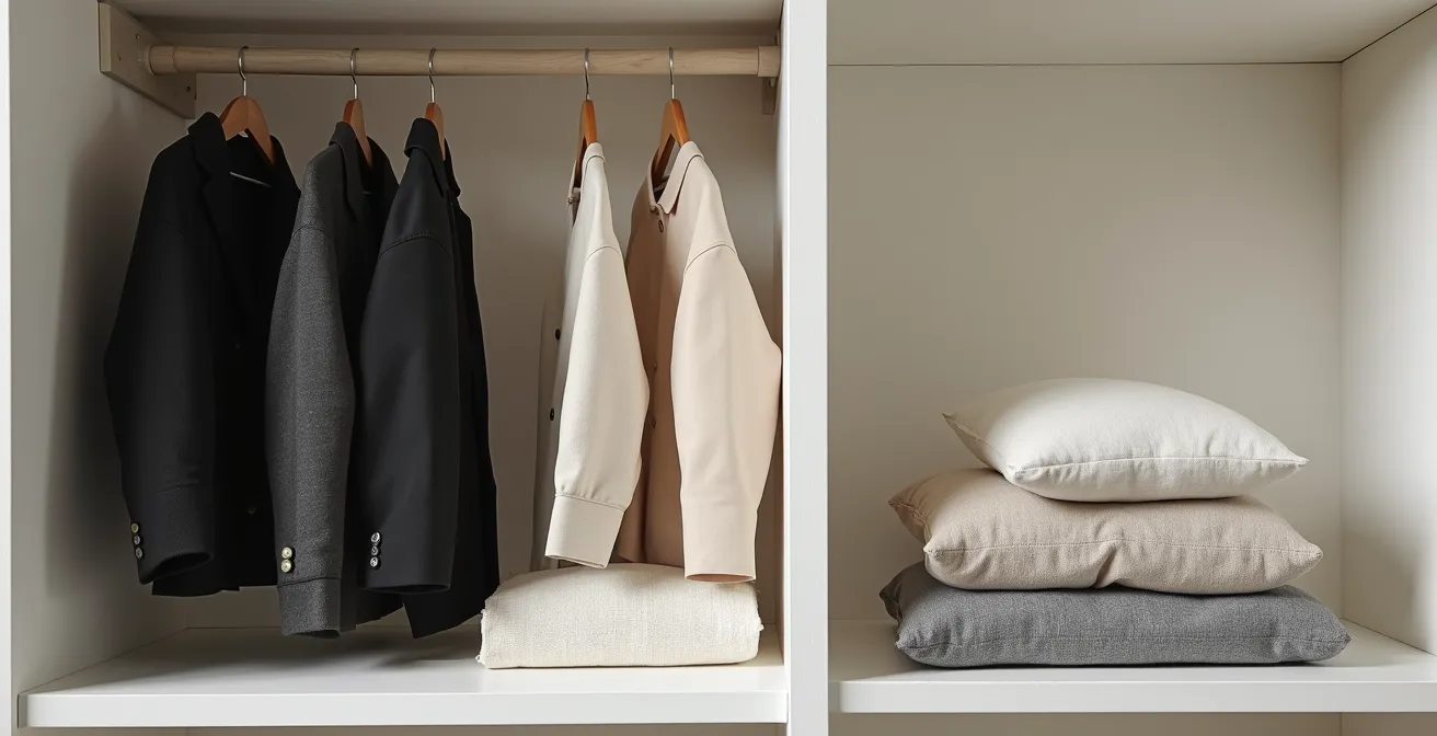 Eine elegante Garderobe als kuratierte Ausstellung präsentiert, mit minimal gestapelten Kleidungsstücken in neutralen Farben, die auf einem hellen Regal oder in einem modernen Kleiderschrank arrangiert sind. Der Fokus liegt auf Qualität statt Quantität, mit handwerklich gefertigten Details und Texturen, die durch weiches, diffuses Licht hervorgehoben werden.