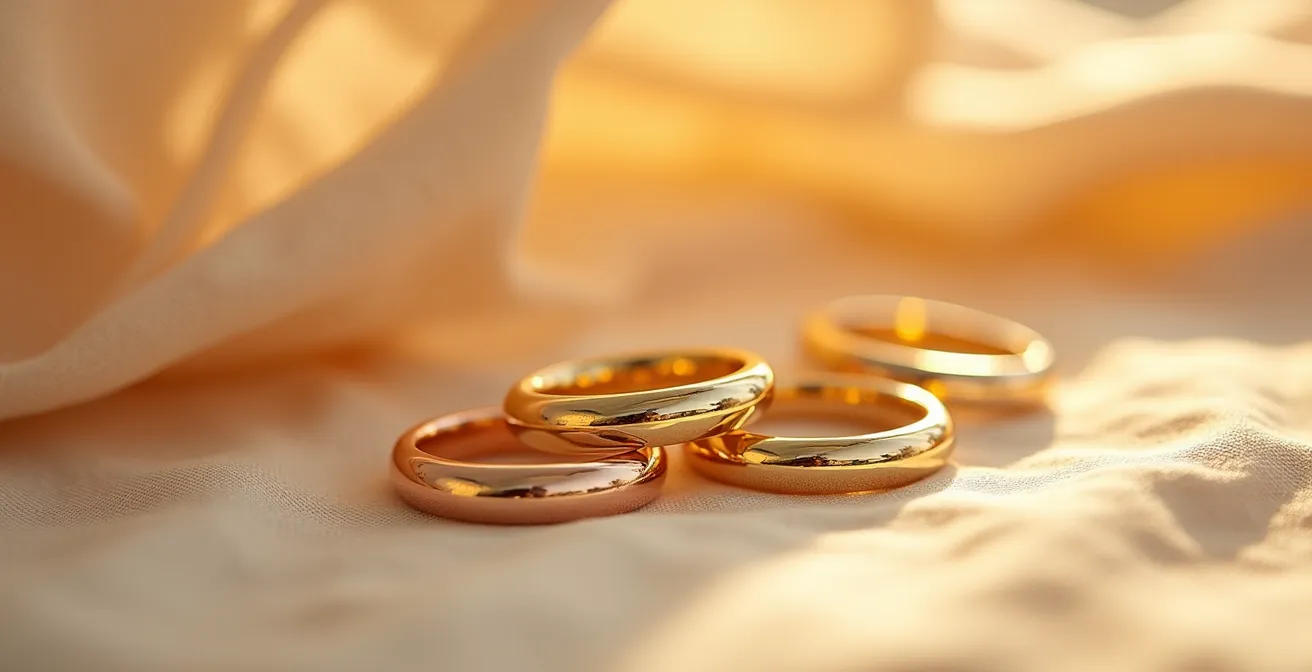 Drei polierte Goldringe in verschiedenen Farbtönen neben subtilen Farbmustern, die verschiedene Hautuntertöne darstellen