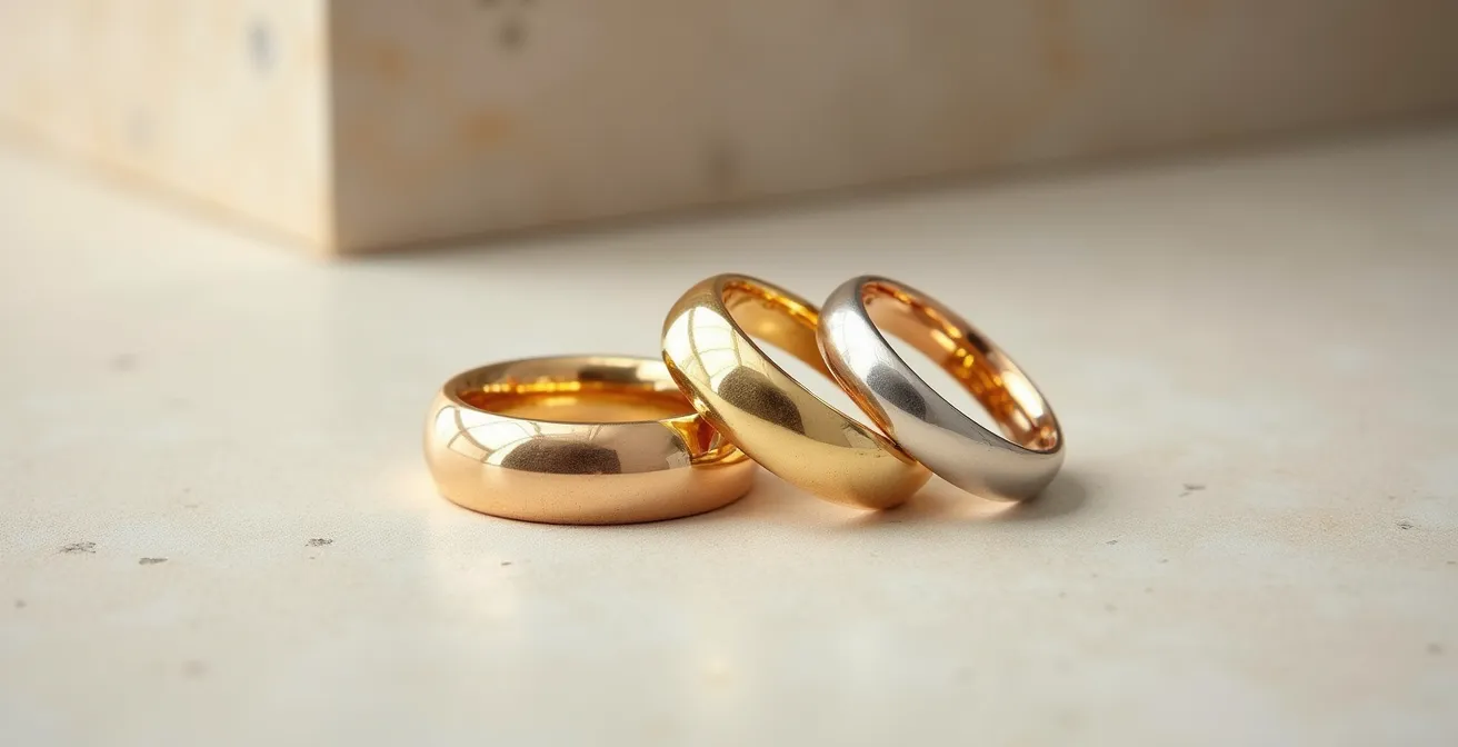 Drei verschiedenfarbige Goldringe nebeneinander auf eleganter Oberfläche