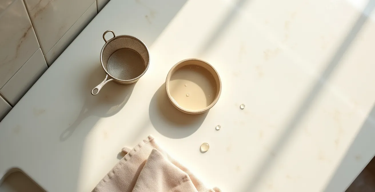 Goldschmuck-Tauchbad mit Körbchen, Seife und Tuch auf einer Küchenfläche