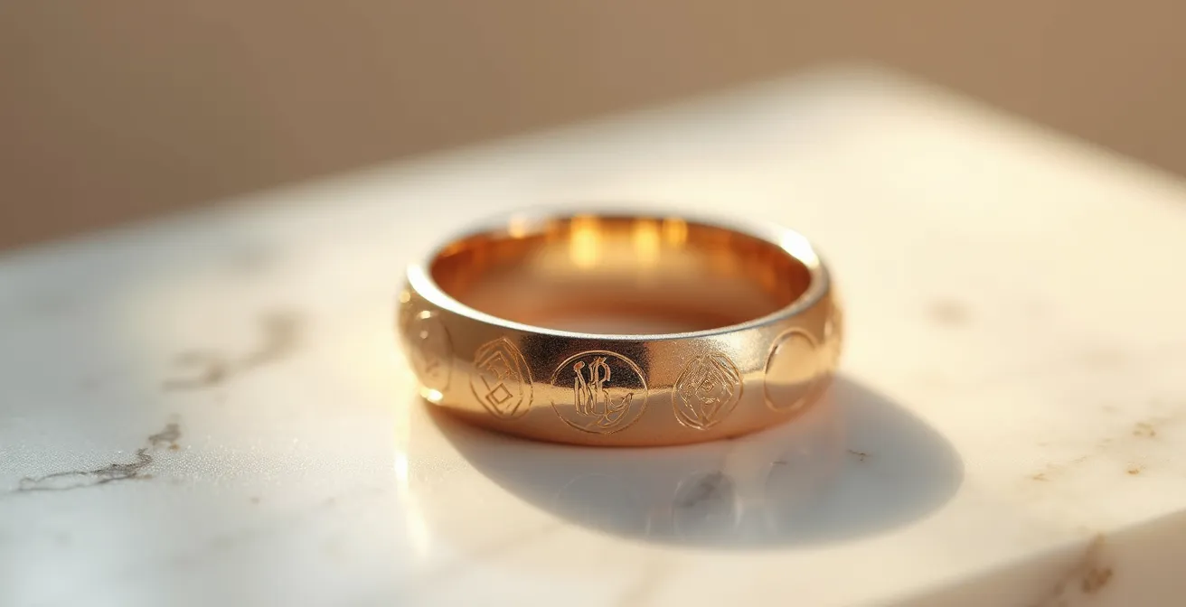 Nahaufnahme eines Gold-Schmuckstücks mit fein gravierten Initialen auf weißem Marmor, minimalistisches Styling