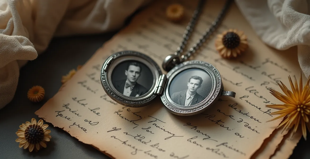 Ein elegantes Gravur-Medaillon liegt auf weißem Stoff neben einem älteren Schwarzweiß-Foto und einer getrockneten Rose