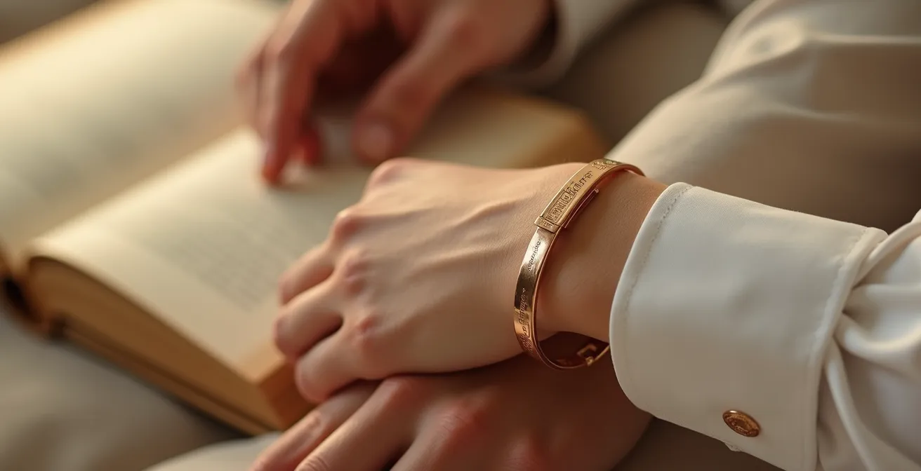 Ein elegantes graviertes Armband liegt auf einem hellen Untergrund, zeigt eine persönliche Botschaft in filigraner Schrift und verkörpert zeitlose Schönheit und Individualität.