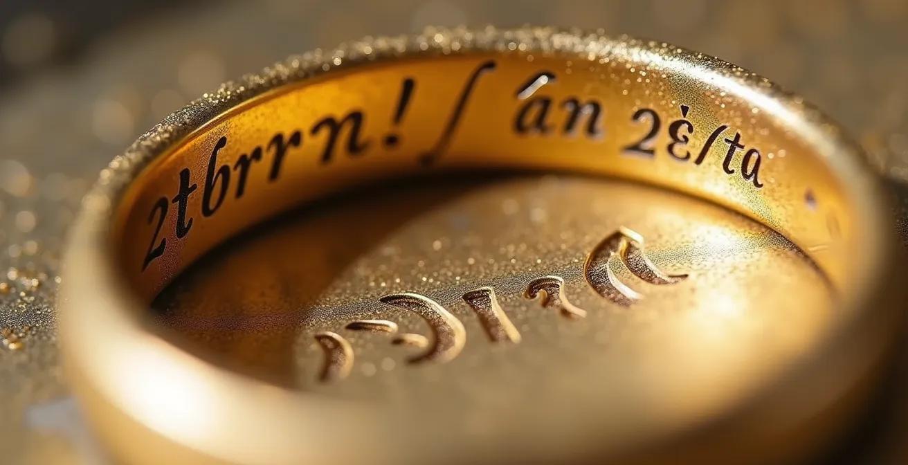 Detailaufnahme einer gravierten Innenseite eines Rings mit Koordinaten oder emotionaler Inschrift