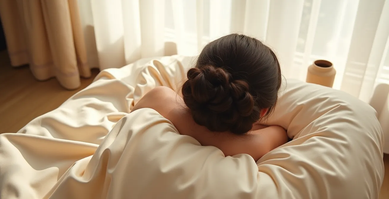 Ein lockerer Dutt oder geflochtenes Haar auf einem Seidenkissenbezug in warmen, dunklen Schlaflichtverhältnissen, zeigt den Schutz von Haarspitzen