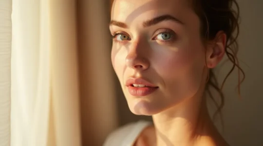 Nahaufnahme einer Frau mit natürlichem, glühenden Teint ohne erkennbares Make-up, deutsches Wohnzimmer im Hintergrund