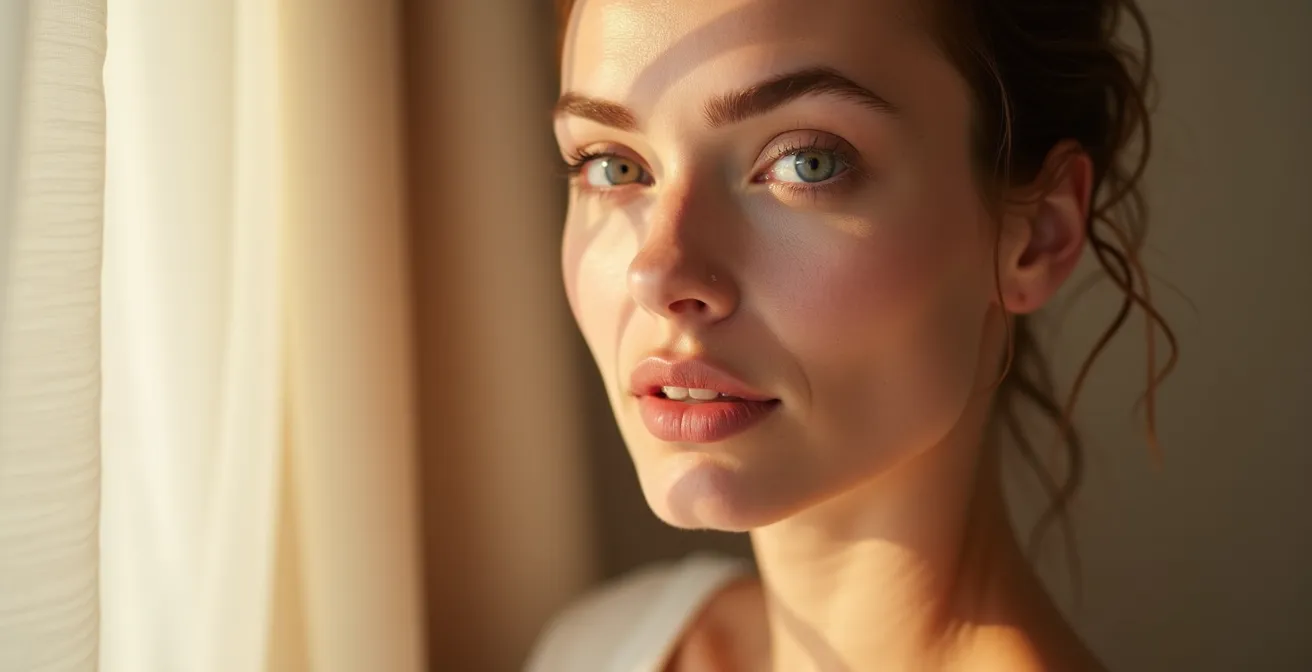 Nahaufnahme einer Frau mit natürlichem, glühenden Teint ohne erkennbares Make-up, deutsches Wohnzimmer im Hintergrund