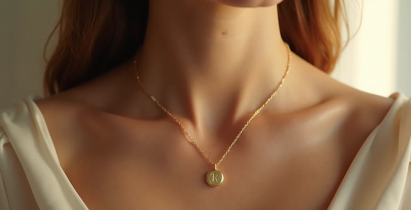 Frau trägt elegante personalisierte Halskette mit Initialen, warmer Goldton, Close-up auf Hals und Dekolleté