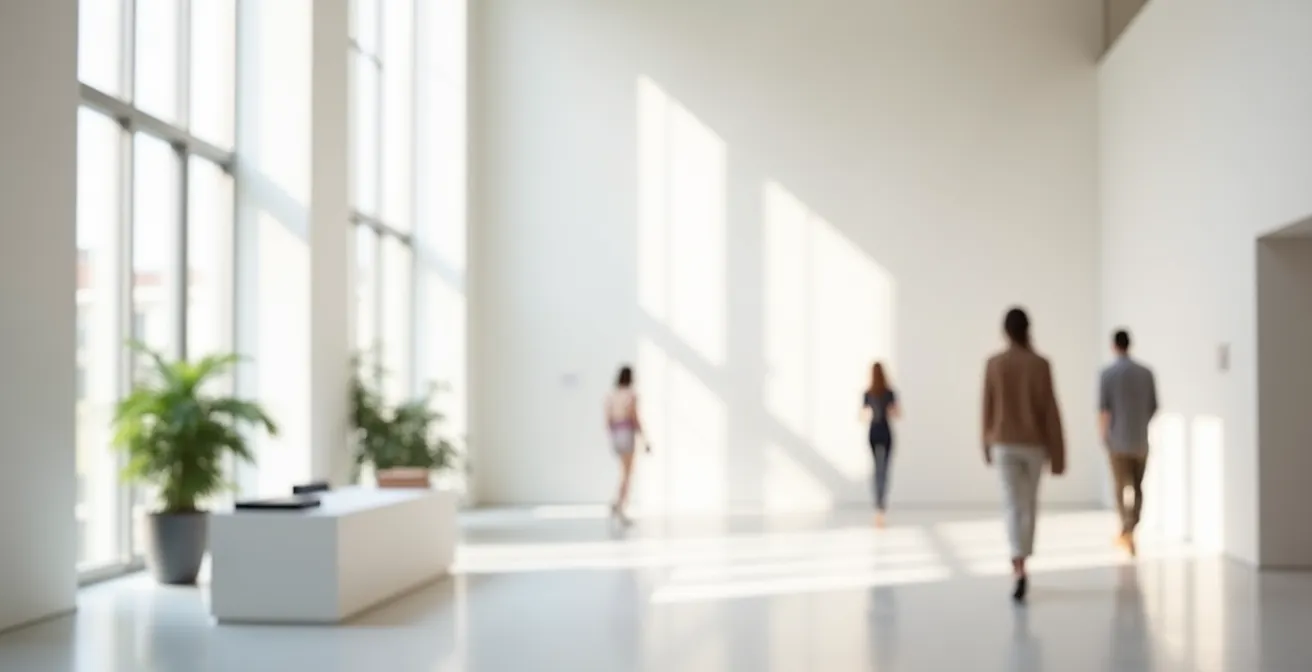 Minimalistische Darstellung von Kunstwerken und architektonischen Elementen in einem deutschen Museum