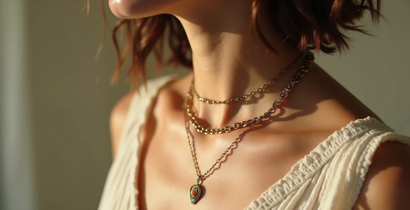 Mehrere Schmuckschichten auf einer Frau, die die Lebensgeschichte durch verschiedene Epochen erzählen – alt und neu kombiniert