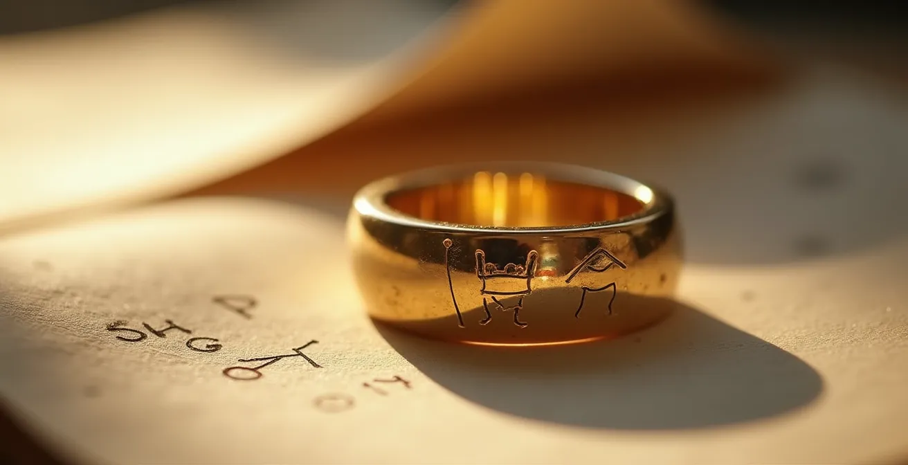 Zarte Gravur einer Kinderzeichnung und Schrift auf der inneren Fläche eines Goldschmiede-Rings, beleuchtet von Tageslicht
