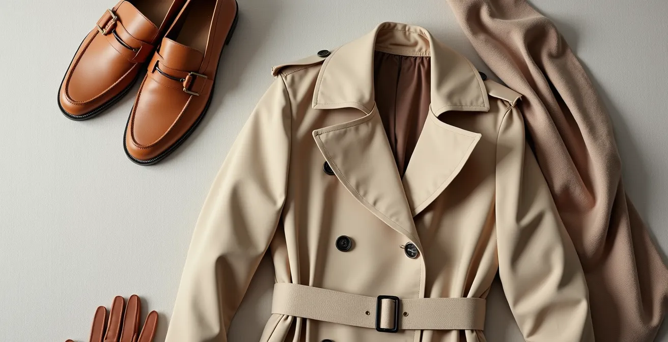 Ein flach hingelegtes Flat-Lay-Styling zeigt einen klassischen Marc O'Polo Trenchcoat neben modernen Trend-Accessoires und hochwertigem Leder, arrangiert auf minimalistischem Untergrund.