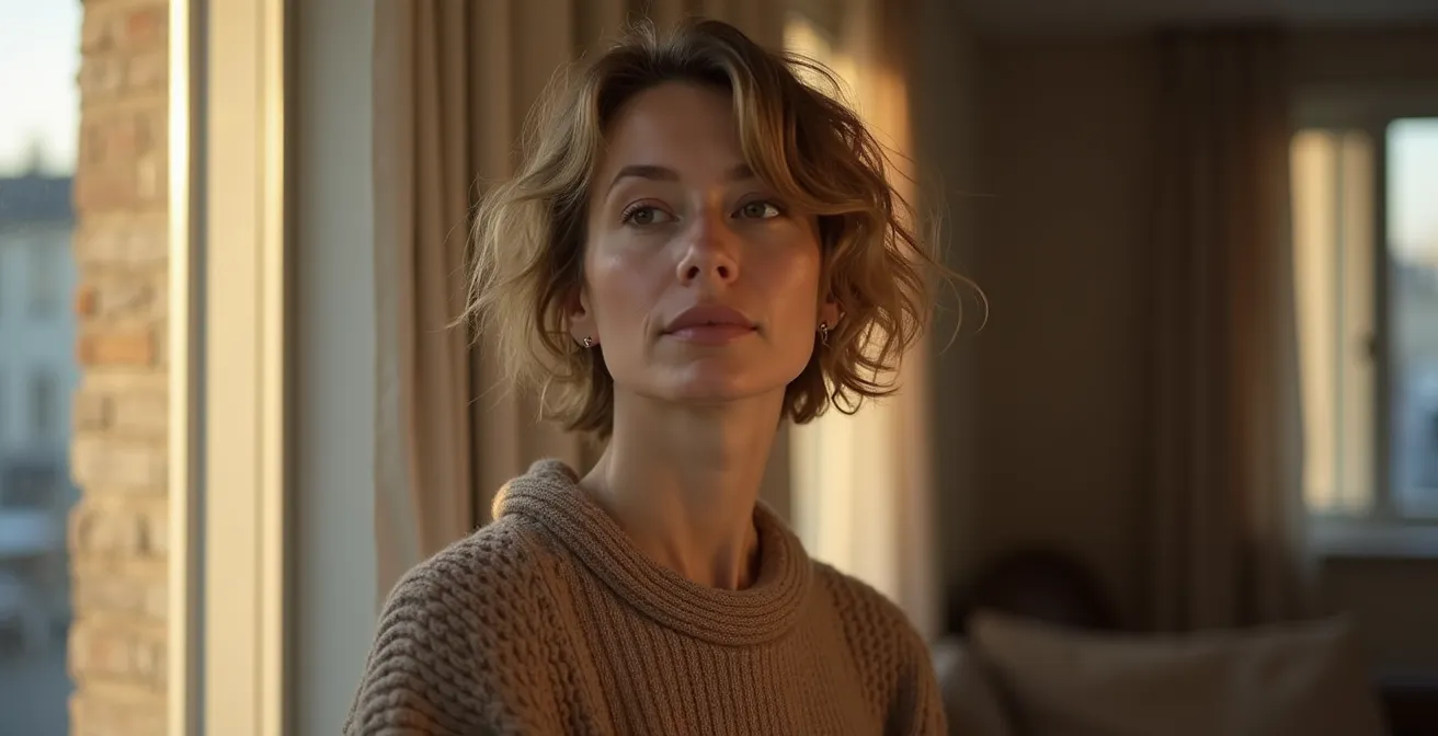 Porträt einer Frau, die selbstbewusst in einem durchdachten Outfit vor Berliner Architektur steht, mit nachdenklichem Blick