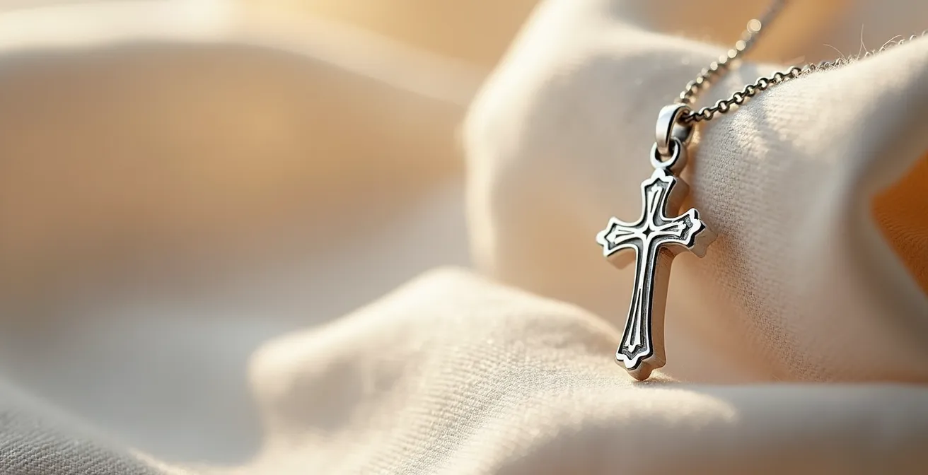 Ein elegantes silbernes Kreuz-Schmuckstück auf einer feinen Kette, das die religiöse Symbolik und deutsche Tradition der Konfirmation repräsentiert.