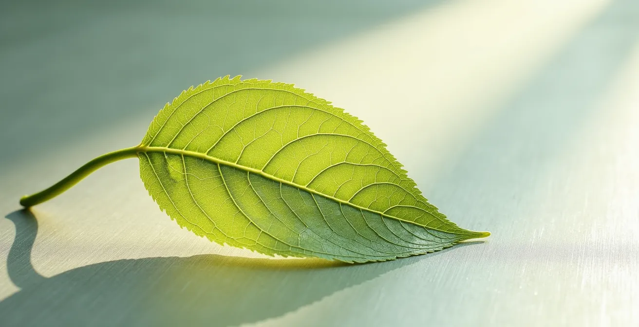 Ein einzelnes herzförmiges Lindenblatt liegt auf einem Gravurabdruck mit feinen Konturen