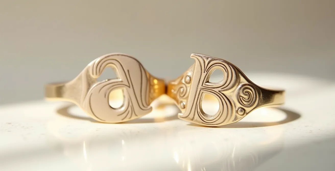 Zwei Schmuckstücke nebeneinander zeigen asymmetrische Anordnung von Initialen A und B in minimalistischem Design