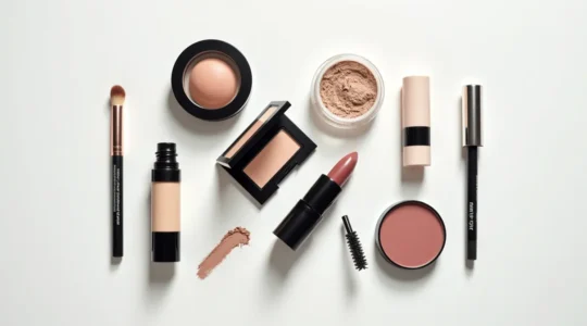Minimalistisch angeordnete Make-up-Produkte auf neutralem Hintergrund: Cremeblush, Concealer-Stift, Mascara und Lidschatten in ausgesuchten Farbtönen