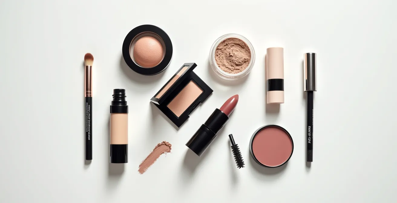 Minimalistisch angeordnete Make-up-Produkte auf neutralem Hintergrund: Cremeblush, Concealer-Stift, Mascara und Lidschatten in ausgesuchten Farbtönen