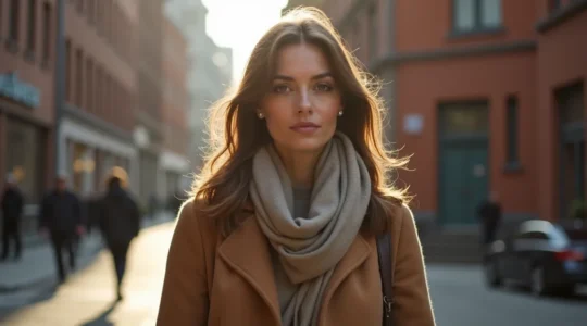 Ein stilvolles weibliches Modell in Berlin trägt ein subtil eklektisches Herbstoutfit mit europäischer Raffinesse und minimalistischen Accessories.