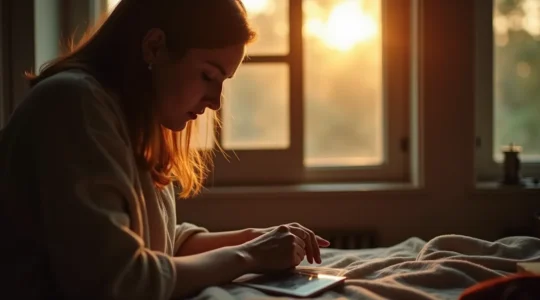 Sanfte Hand einer Person, die in einem intimen Moment einen Moment berührt, mit verschwommenen Lichtern und warmer Atmosphäre im Hintergrund, die Zeitlosigkeit und emotionale Tiefe vermittelt.