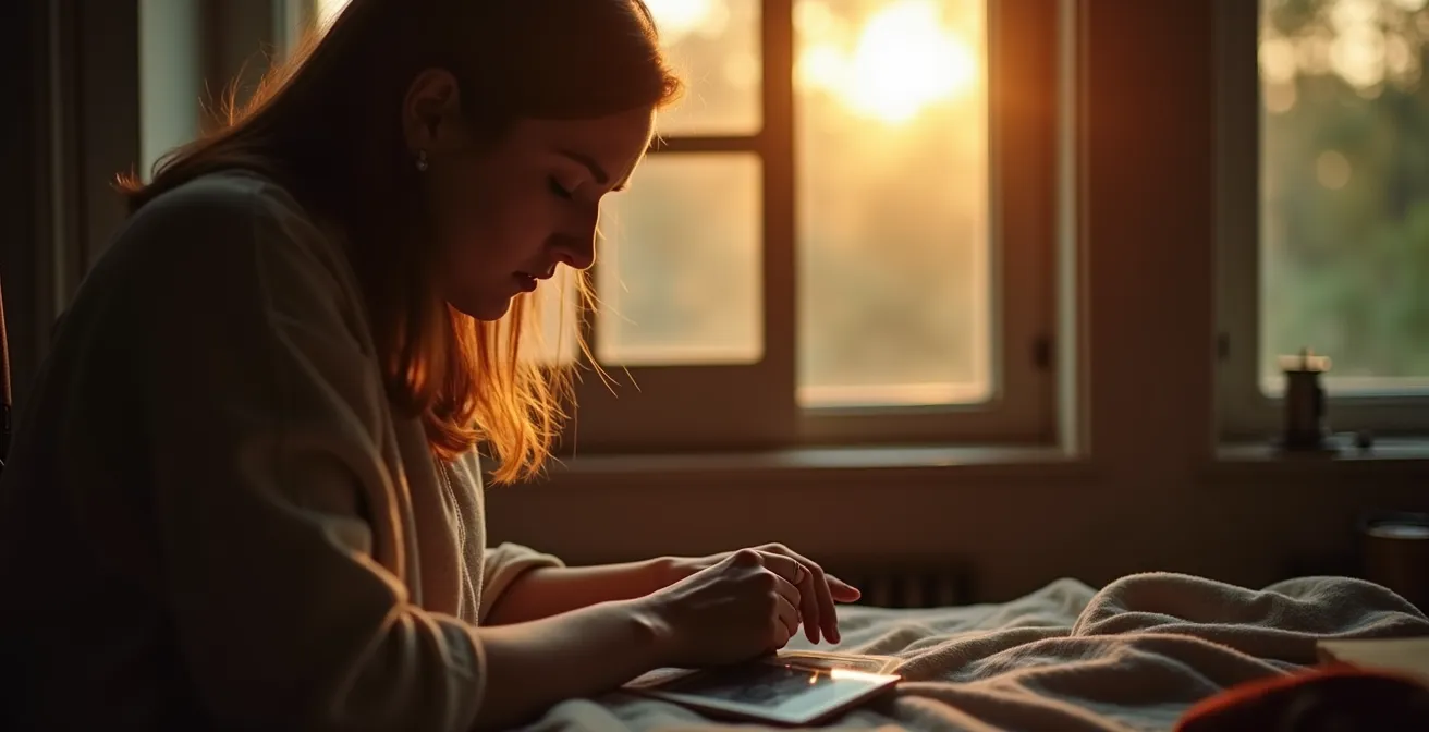 Sanfte Hand einer Person, die in einem intimen Moment einen Moment berührt, mit verschwommenen Lichtern und warmer Atmosphäre im Hintergrund, die Zeitlosigkeit und emotionale Tiefe vermittelt.