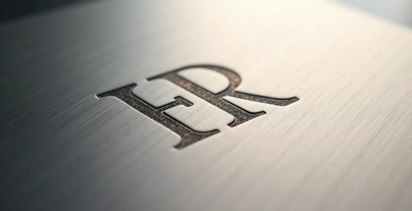 Vergrößerte Nahaufnahme eines eleganten Monogramms mit sichtbaren negativen Räumen zwischen Buchstaben, auf gebürstetem Metall