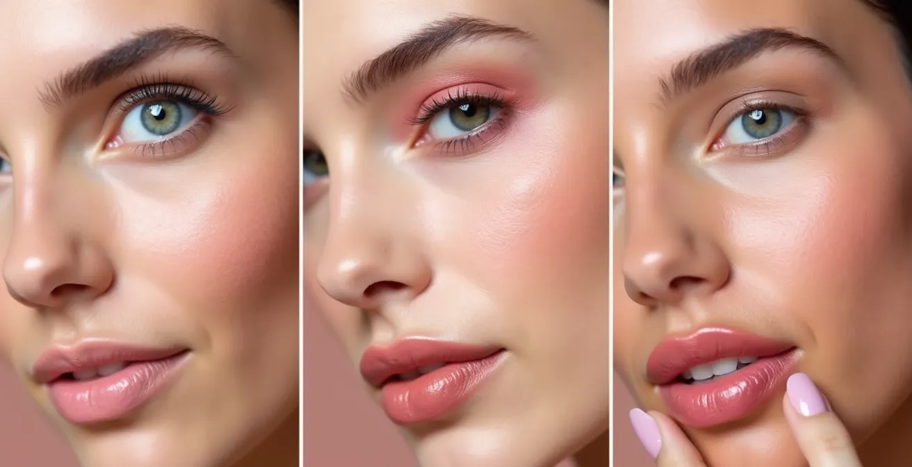 Drei verschiedene Schminkapplikationen desselben Produktes: Ein Creme-Blush wird als Wangenrouge, Lidschatten und Lippen-Tint verwendet