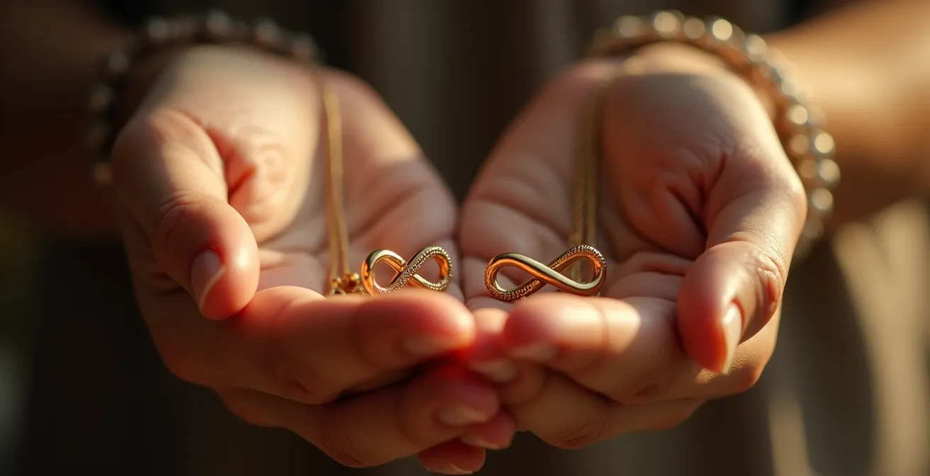 Zwei ineinandergreifende Hände – eine erwachsene und eine kleine – halten delicate Silberketten mit komplementären Medaillons, fotografiert in warmen Lichtverhältnissen