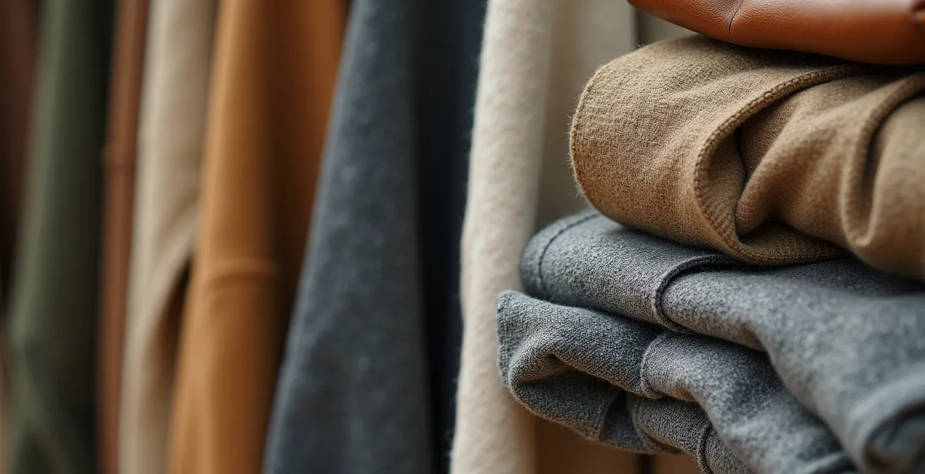 Vintage-Kleidungsstücke auf einem deutschen Flohmarkt arrangiert mit natürlichen Texturen und Materialien