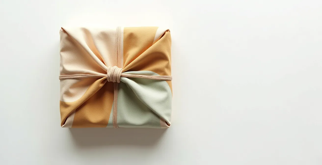 Erhöhte Ansicht einer elegant gefalteten Furoshiki-Geschenkverpackung aus Bio-Baumwollstoff mit geometrischem Muster, auf weißem Untergrund, das Faltenwerk und die Textur des wiederverwendbaren Tuches betonend.