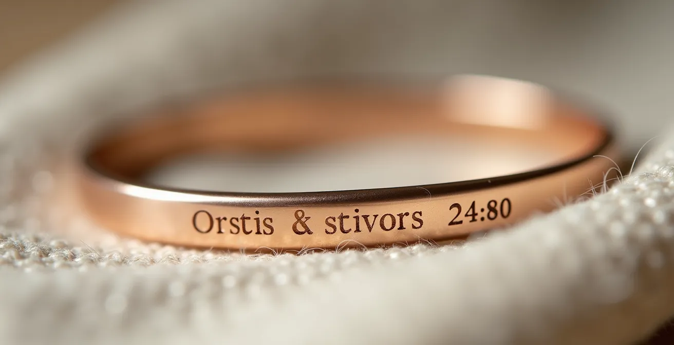 Detail-Fotografie eines handgravierten Silberarmbands mit zartem Gravurmuster und Geburtsdatum, auf weichem Hintergrund mit sanftem Licht, das die Handwerkskunst und Sorgfalt hervorhebt.