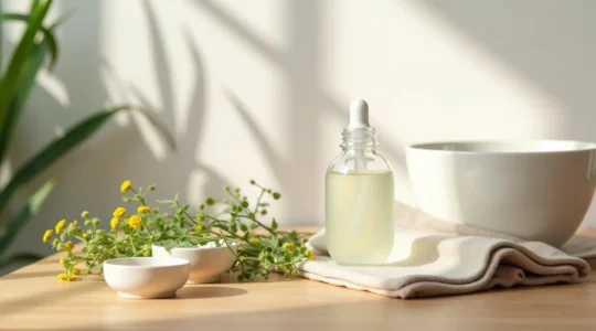 Minimalistisches Still-Life mit natürlichen Hautpflegeprodukten und Pflanzenextrakten auf einer Holzoberfläche, die natürliche Reinheit und biologische Schönheit symbolisiert