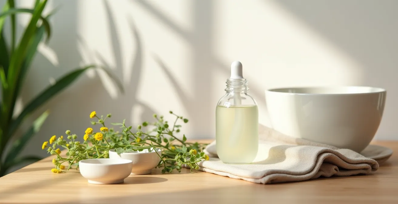 Minimalistisches Still-Life mit natürlichen Hautpflegeprodukten und Pflanzenextrakten auf einer Holzoberfläche, die natürliche Reinheit und biologische Schönheit symbolisiert